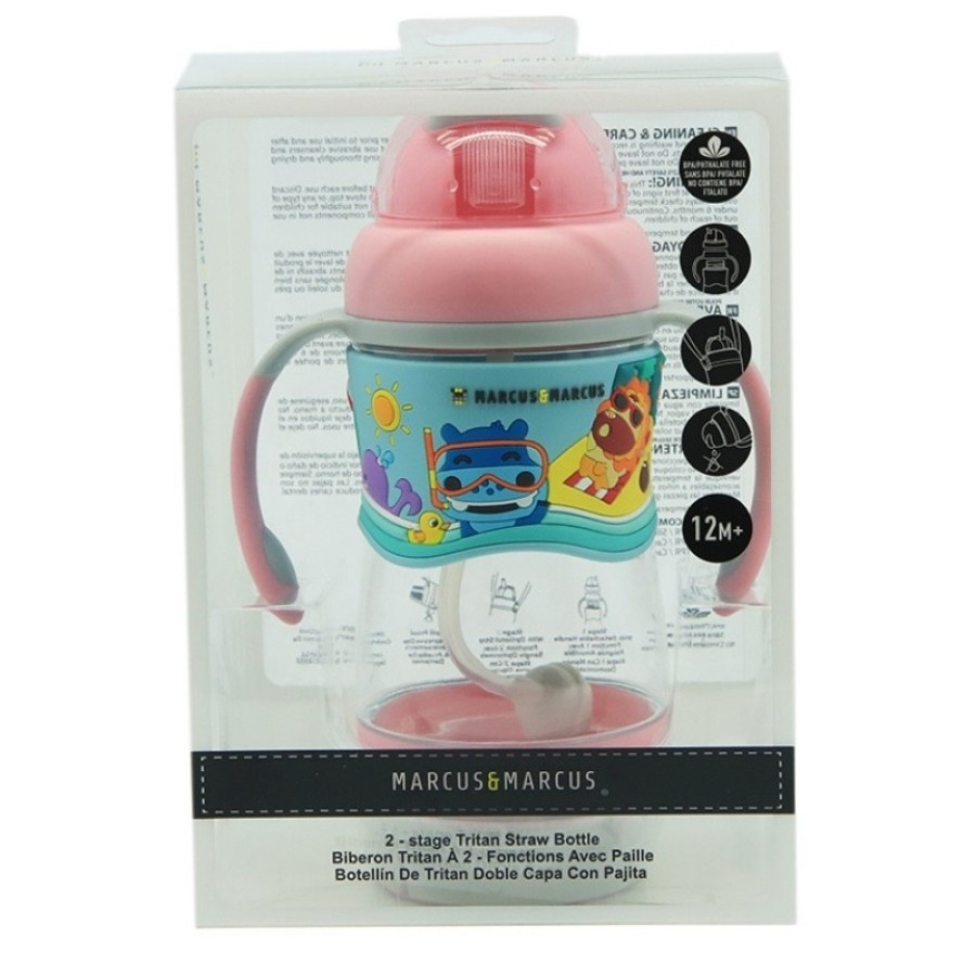 Marcus & Marcus Μπουκάλι 2 Stage Sippy Cup Καλαμάκι Σιλικόνης Βαρίδι Tritan  ροζ MNMBB30-PK