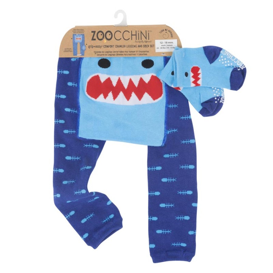 Zoocchini Σετ Ρούχων για Μπουσούλημα Grip+Easy Crawler Pants-Socks Set Sherman the Shark ZOO12501