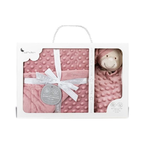 Interbaby Set Extrafort Κουβερτάκι & Βελούδινο Πανάκι Παρηγοριάς Bear-Αρκούδα Σκούρο Ροζ PD001DP
