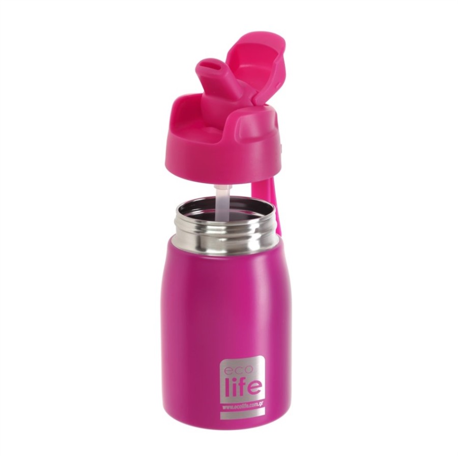 Ecolife Ανοξείδωτο Παγουράκι Με Καλαμάκι 400ml Pink Ροζ (Νέο Σχέδιο) 33-BO-1997