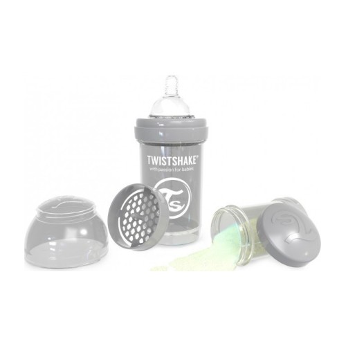 Twistshake Μπιμπερό Κατά των Κολικών 180ml Pastel Grey, μαζί με Σέικερ για ανακάτεμα , και Δοχείο αποθήκευσης σκόνης γάλακτος 