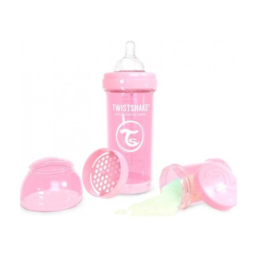 Twistshake Μπιμπερό Κατά των Κολικών 260ml Pastel Pink, μαζί με Σέικερ για ανακάτεμα , και Δοχείο αποθήκευσης σκόνης γάλακτος 