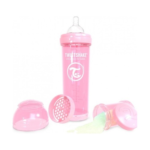 Twistshake Μπιμπερό Κατά των Κολικών 330ml Pastel Pink, μαζί με Σέικερ για ανακάτεμα , και Δοχείο αποθήκευσης σκόνης γάλακτος 