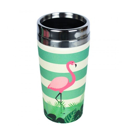 Woodway  coffee thermos , Ανοξείδωτο Θερμός από Bamboo με Καπάκι Flamingo 500ml