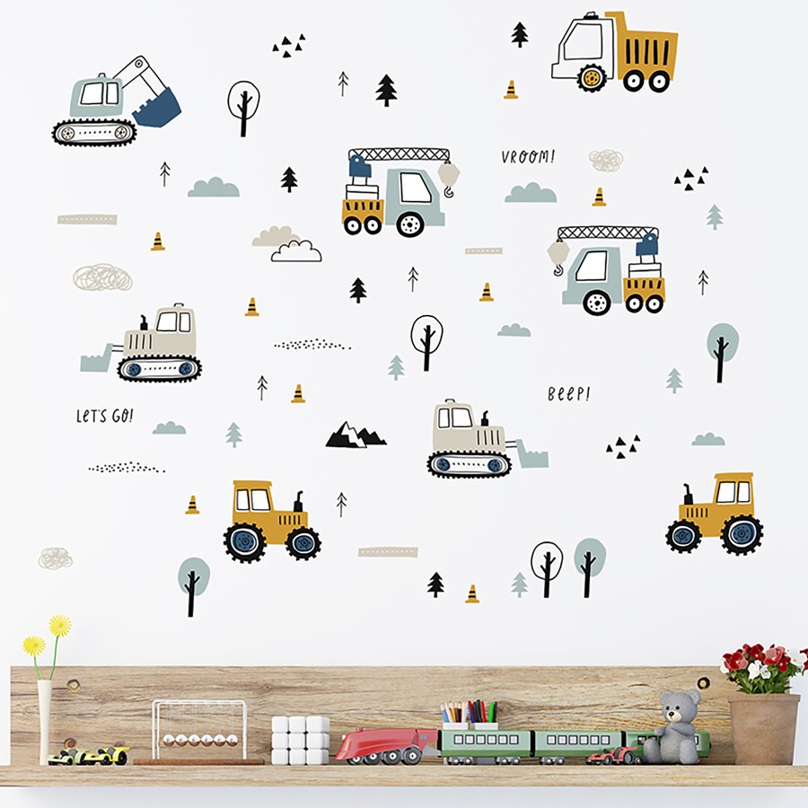 Sipo Αυτοκόλλητα Τοίχου Παιδικού Δωματίου Tractors Excavators