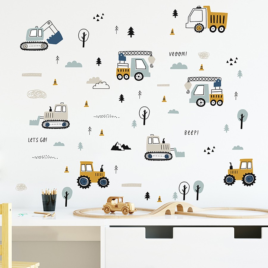 Sipo Αυτοκόλλητα Τοίχου Παιδικού Δωματίου Tractors Excavators