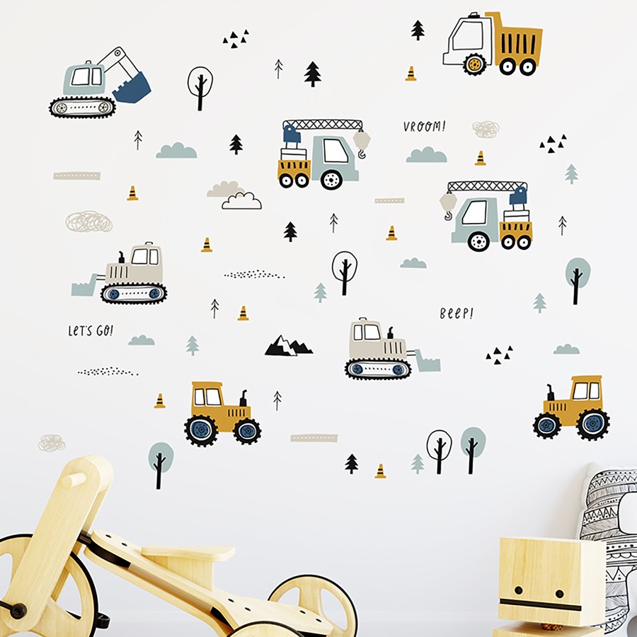 Sipo Αυτοκόλλητα Τοίχου Παιδικού Δωματίου Tractors Excavators