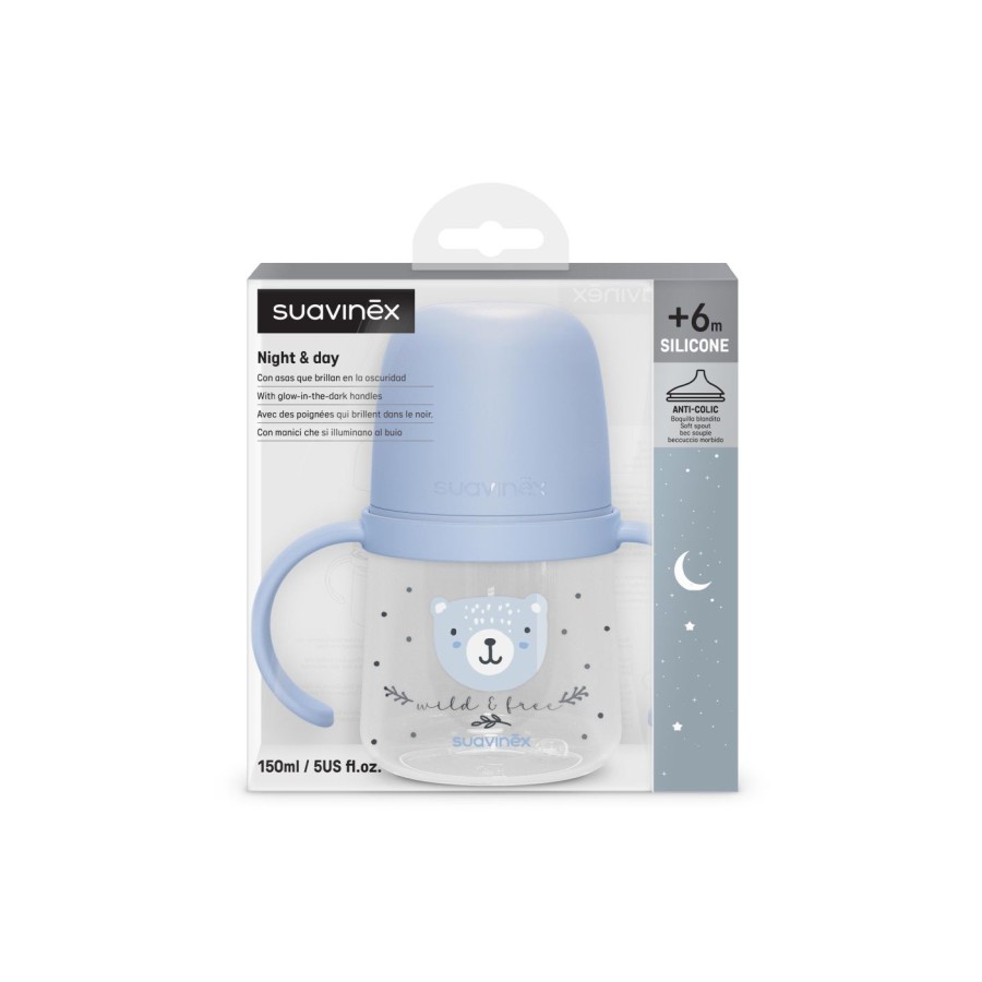 Εκπαιδευτικό Mπιμπερό με Λαβές Suavinex Night&Day Anti-Colic 150ml Wild Blue 6m+