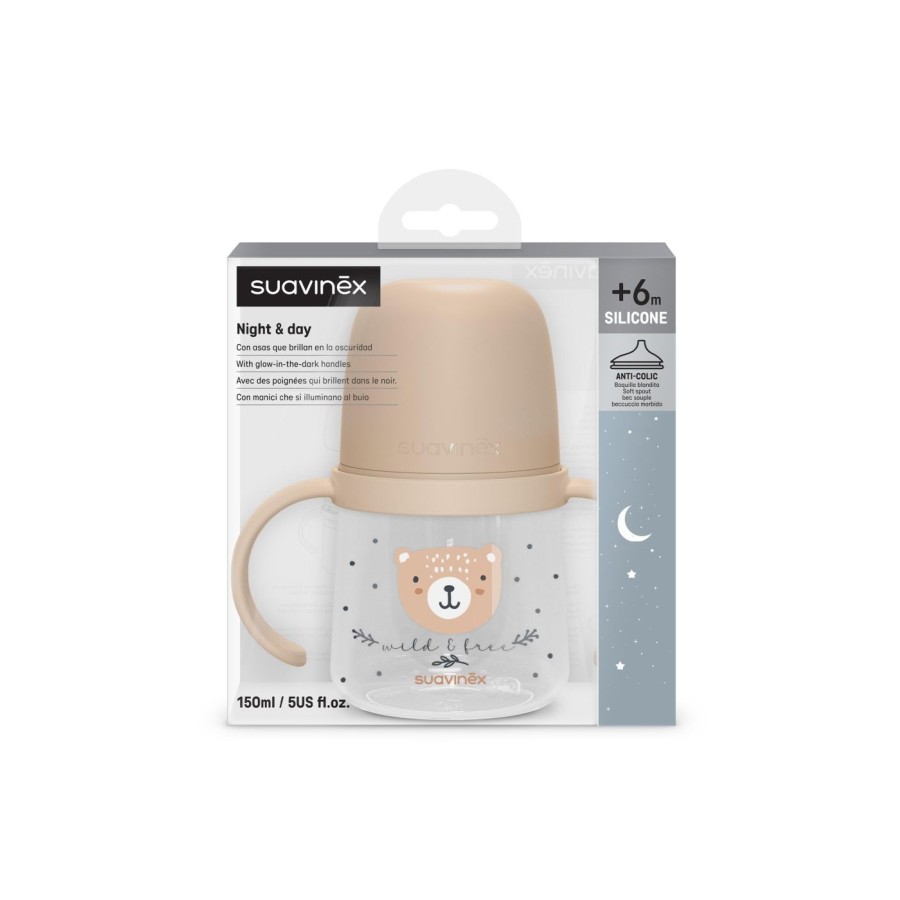 Εκπαιδευτικό Mπιμπερό με Λαβές Suavinex Night&Day Anti-Colic 150ml Wild Brown 6m+