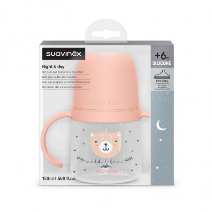Εκπαιδευτικό Mπιμπερό με Λαβές Suavinex Night&Day Anti-Colic 150ml Wild Pink 6m+