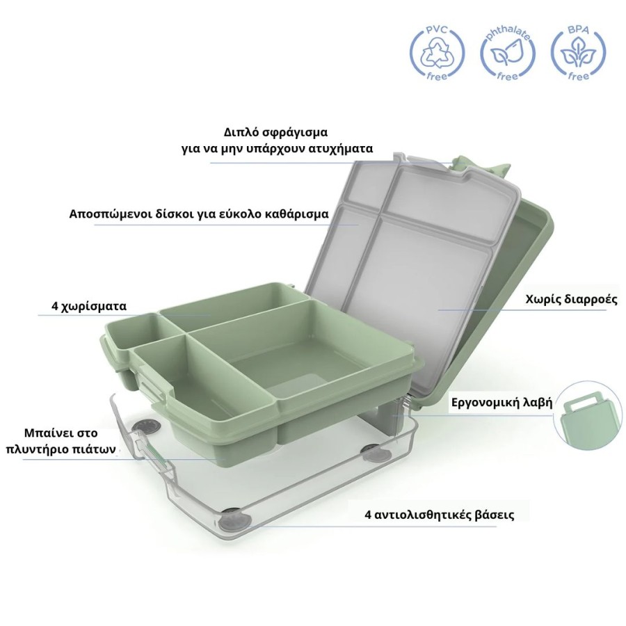 Ubbi Παιδικό Δοχείο Φαγητού Bento με 4 Χωρίσματα Sage