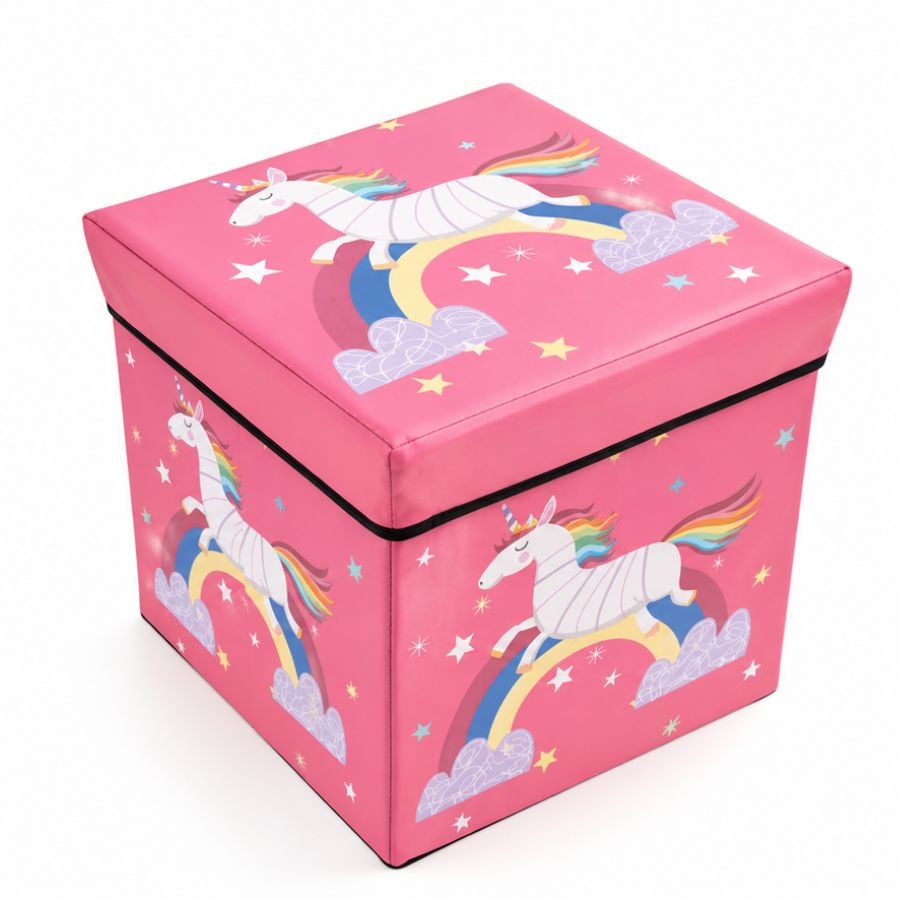 Παιδικό Σκαμπό Αποθήκευσης Παιχνιδιών Ροζ Unicorn με Καπάκι 31x31x31εκ.