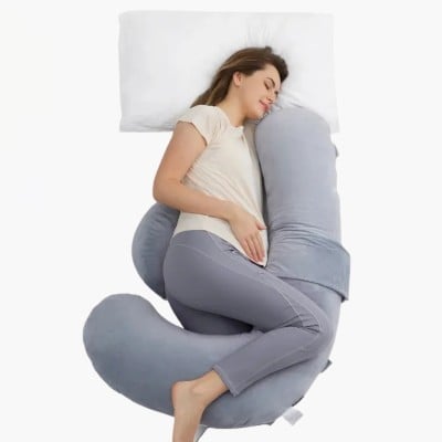 Μαξιλάρι Εγκυμοσύνης F-Shape Momcozy με Ρυθμιζόμενη Στήριξη Κοιλιάς Velvet Grey