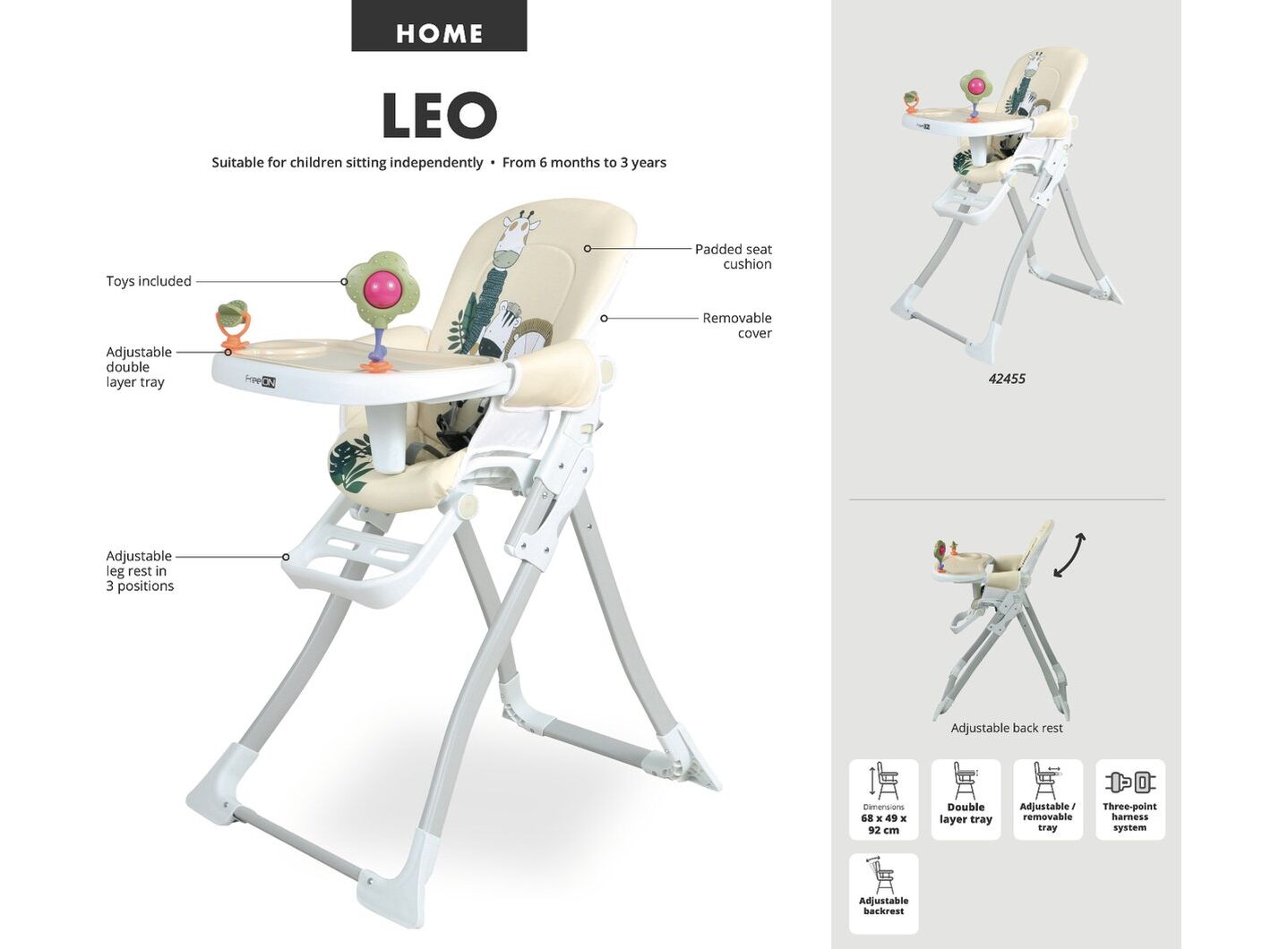 freeON LEO Παιδική Καρέκλα Φαγητού με Παιχνίδια Beige Zoo - 1