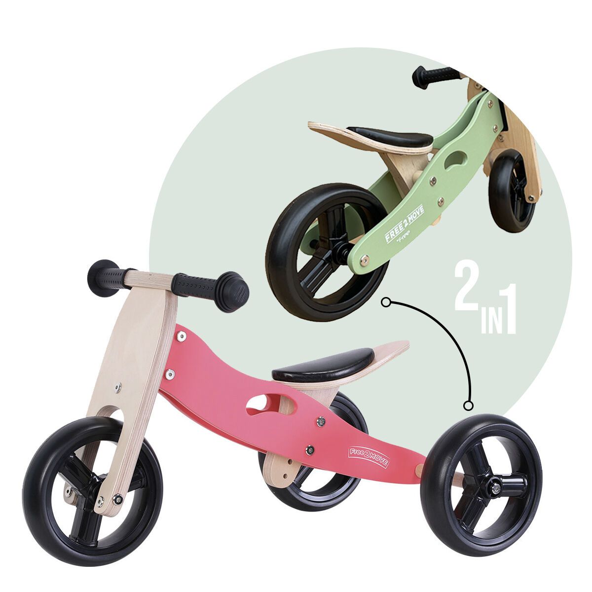 FreeON Free2Move Ξύλινο Ποδήλατο 2 σε 1 Τρίκυκλο & Ισορροπίας Ροζ - 1