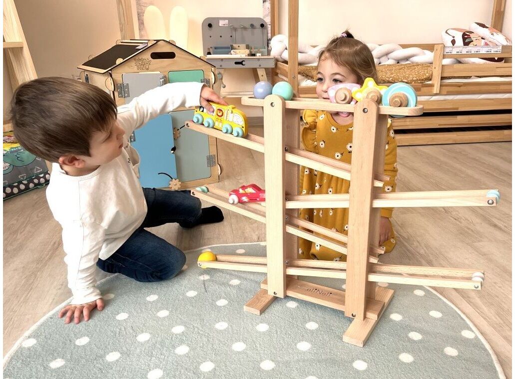 EliNeli Race XXL Montessori Ξύλινη Πίστα Αγώνων Σετ με Λεωφορείο & Αυτοκίνητο - 1