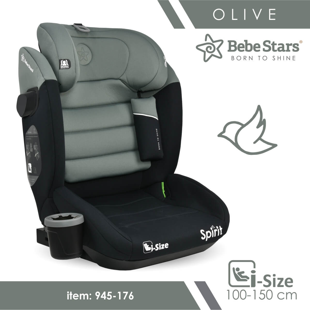 Bebe Stars Παιδικό Κάθισμα Αυτοκινήτου Spirit Isofix i-Size Olive 100-150cm 945-176 - 1