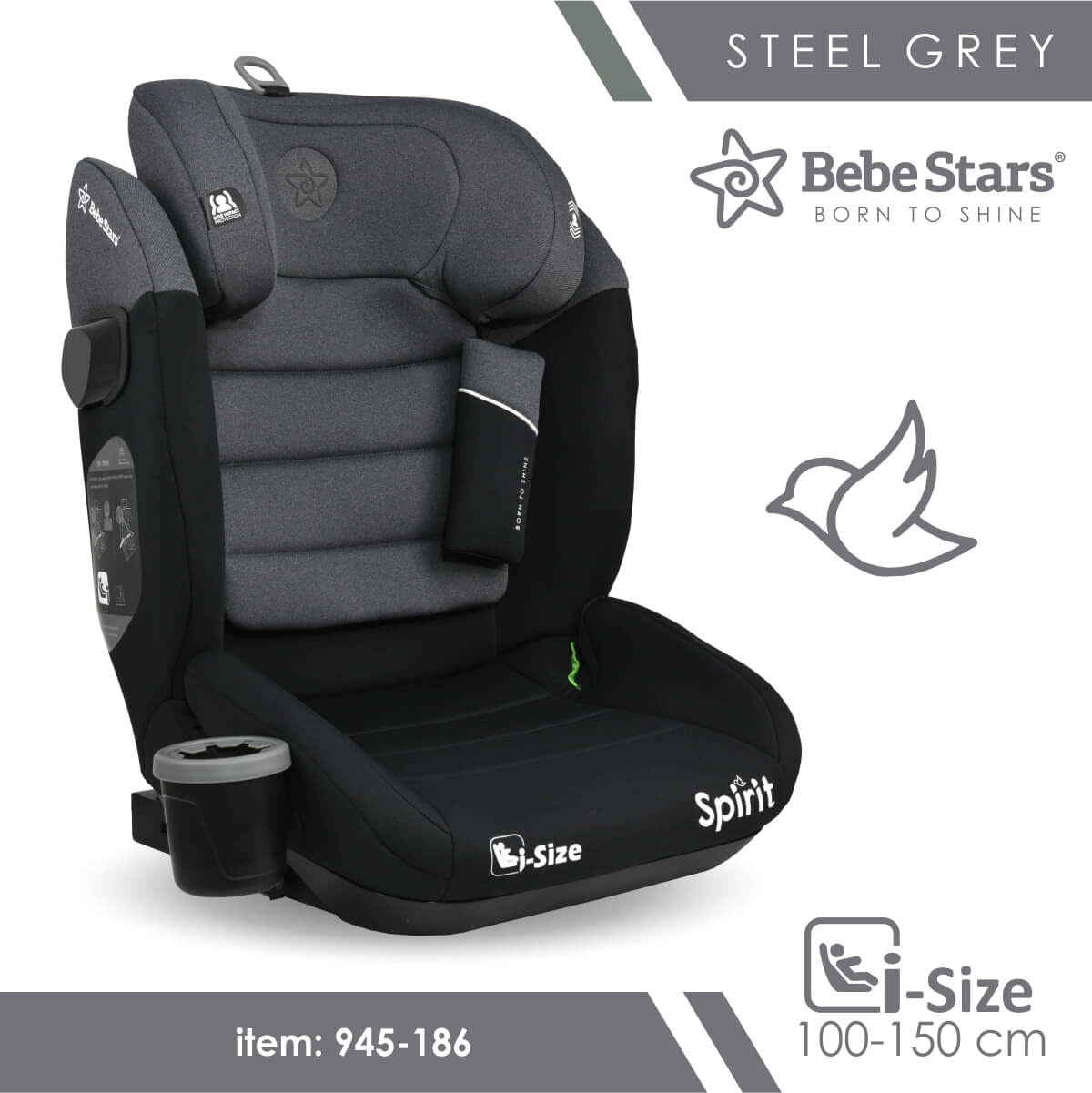 Bebe Stars Παιδικό Κάθισμα Αυτοκινήτου Spirit Isofix i-Size Steel Grey 100-150cm 945-186 - 1