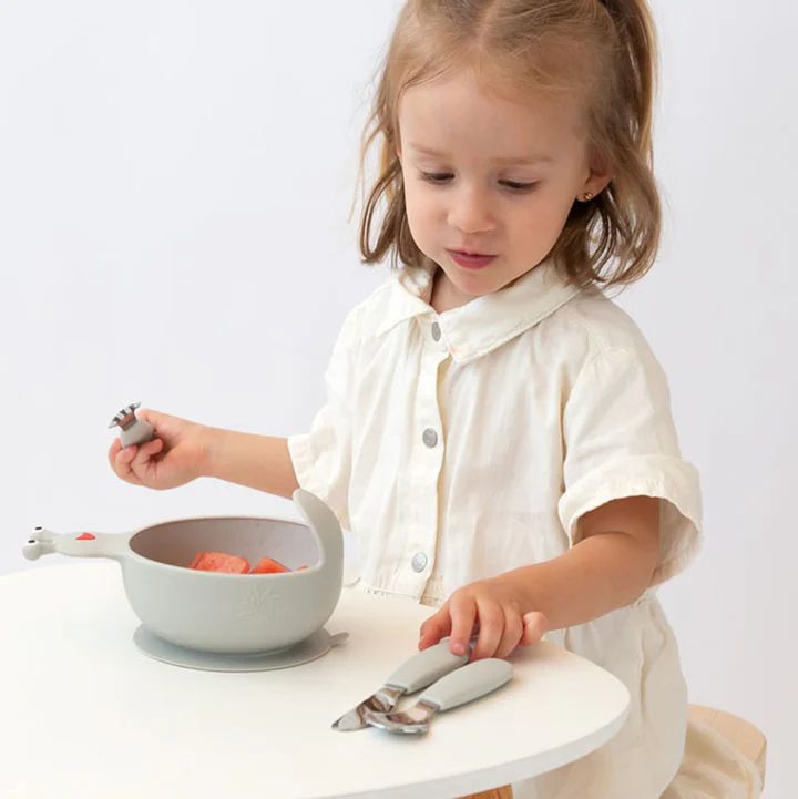 Kiokids Παιδικά Ανοξείδωτα Μαχαιροπίρουνα με Λαβή Σιλικόνης Γκρι 6m+ Σετ 3τμχ. - 1