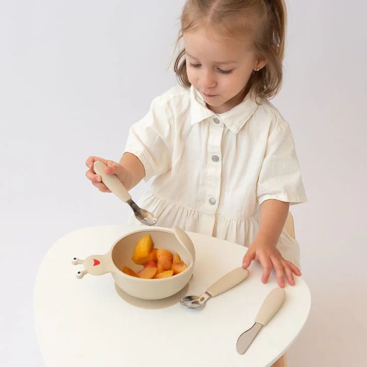 Kiokids Παιδικά Ανοξείδωτα Μαχαιροπίρουνα με Λαβή Σιλικόνης Μπεζ 6m+ Σετ 3τμχ. - 1