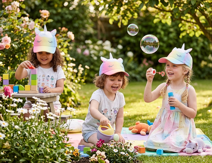 FlapJackKids Παιδικό Καπέλο Τζόκεϋ Rainbow Unicorn UPF50+ – Καλοκαιρινό Καπέλο για Παιδιά 4-6 Ετών - 1