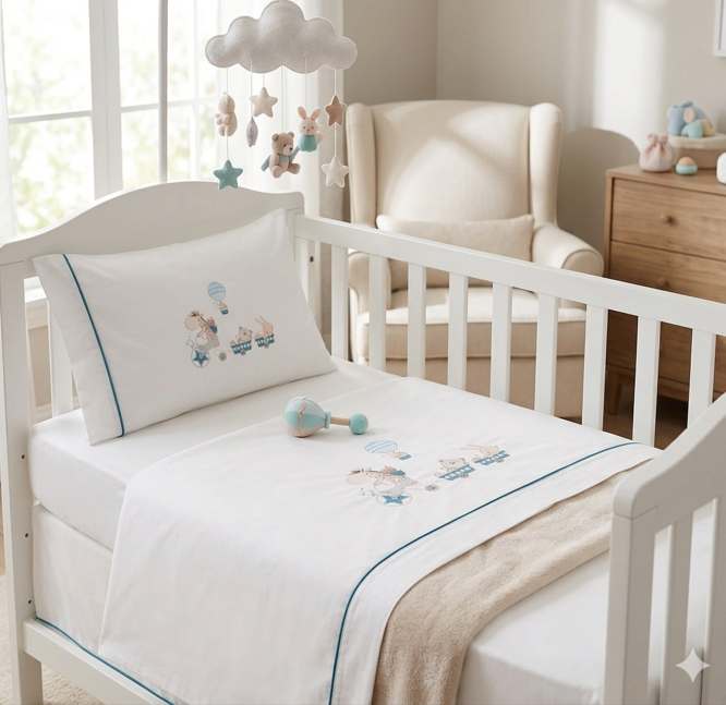 Interbaby Jirafa Bicicleta Σεντόνια Σετ 3 Τεμ Κούνιας 115Χ175Εκ. White/Petrol-100% βαμβάκι - 1