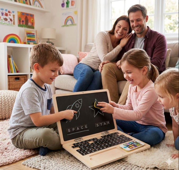 Small Foot Ξύλινο Laptop με Μαγνήτες & Blackboard – Εκπαιδευτικό Παιχνίδι Γραμμάτων και Αριθμών για Παιδιά 2+ Ετών - 1