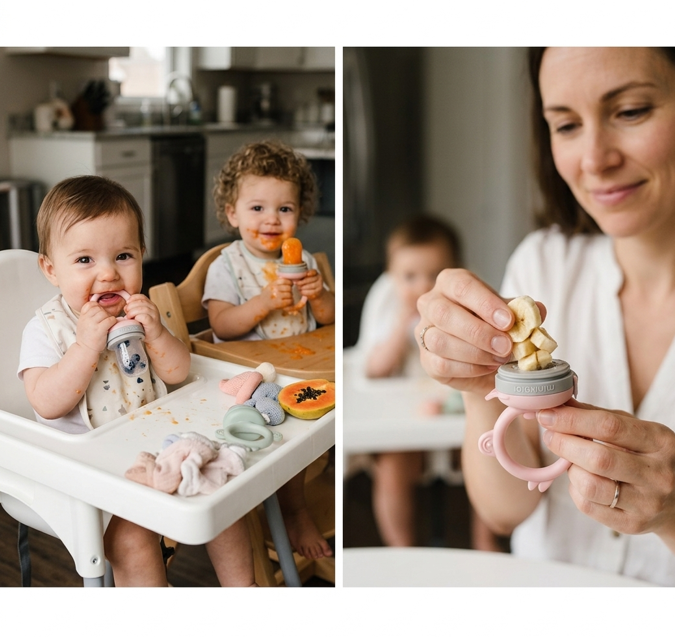 MinikOiOi Pulps Feeder & Μασητικό Σιλικόνης Pink/Grey – Baby Feeder για Φρούτα & Λαχανικά χωρίς BPA - 1