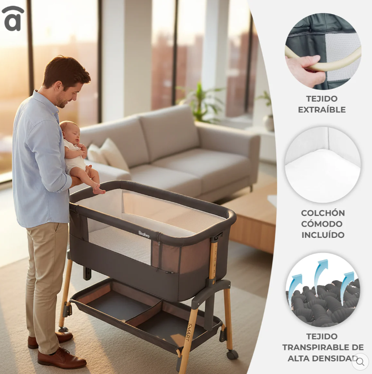 ASALVO Βρεφικό Λίκνο Bedside Smart Grey– 2 σε 1 Λίκνο Δίπλα στο Κρεβάτι με 7 Θέσεις Ύψους & Πτυσσόμενο Σχέδιο - 1