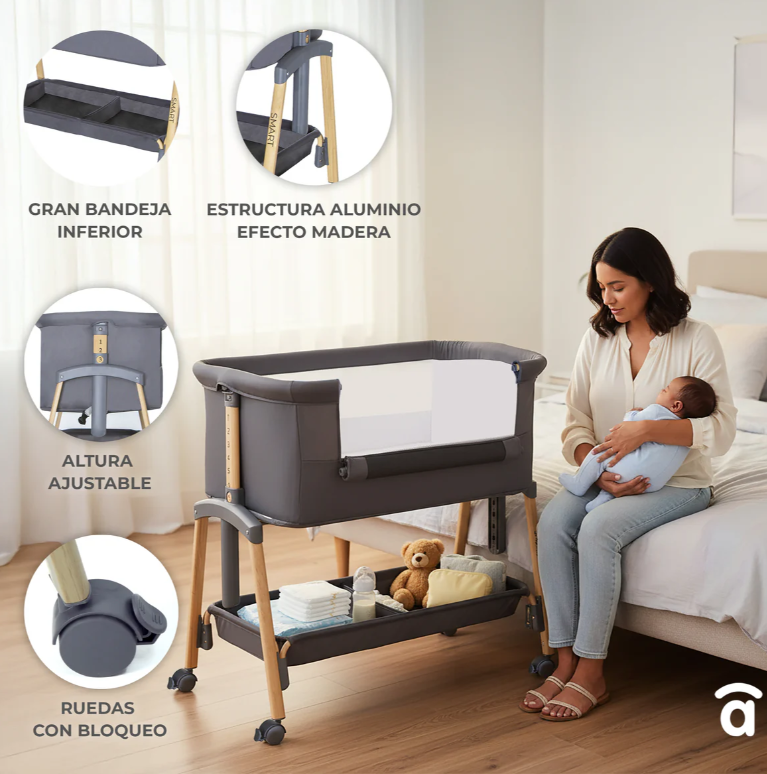 ASALVO Βρεφικό Λίκνο Bedside Smart Grey– 2 σε 1 Λίκνο Δίπλα στο Κρεβάτι με 7 Θέσεις Ύψους & Πτυσσόμενο Σχέδιο - 2
