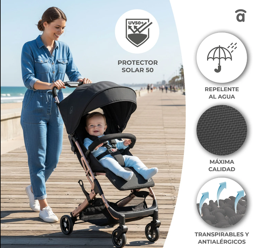 ASALVO Καρότσι Περιπάτου Amsterdam black – Ελαφρύ Compact Καρότσι Ταξιδιού με Trolley Λειτουργία & One Hand Fold - 1