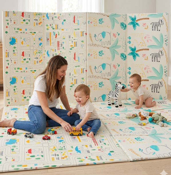 ASALVO Χαλάκι Δραστηριοτήτων Μωρού Animals City 120x180cm, Αναδιπλούμενο Διπλής Όψης XPE Αντιολισθητικό Αδιάβροχο με Τσάντα Μεταφοράς - 3