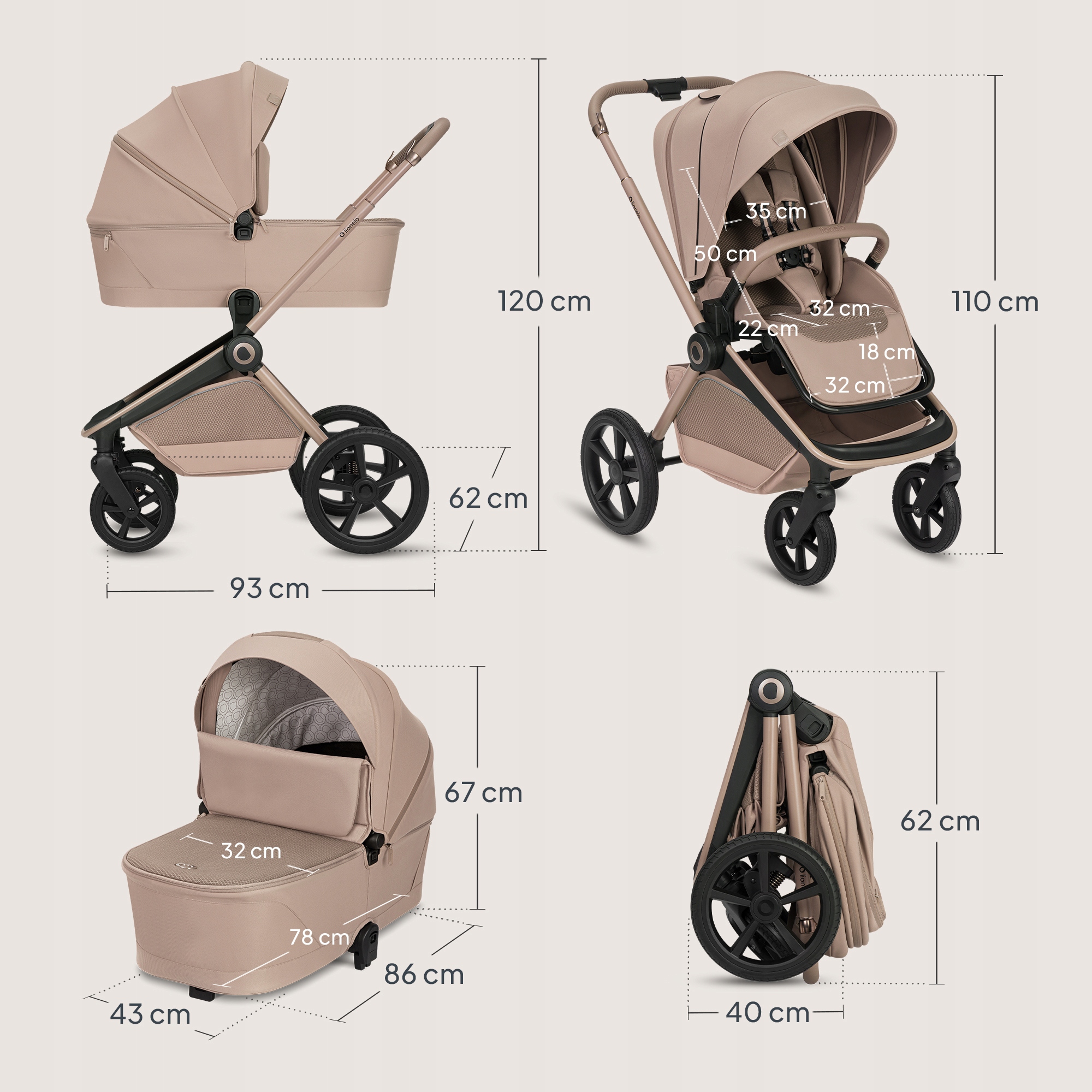 Lionelo Freya Καρότσι Βρεφικό 3 Σε 1 Έως 22Kg Με Αναδιπλούμενο Πορτ-Μπεμπέ Beige Sand