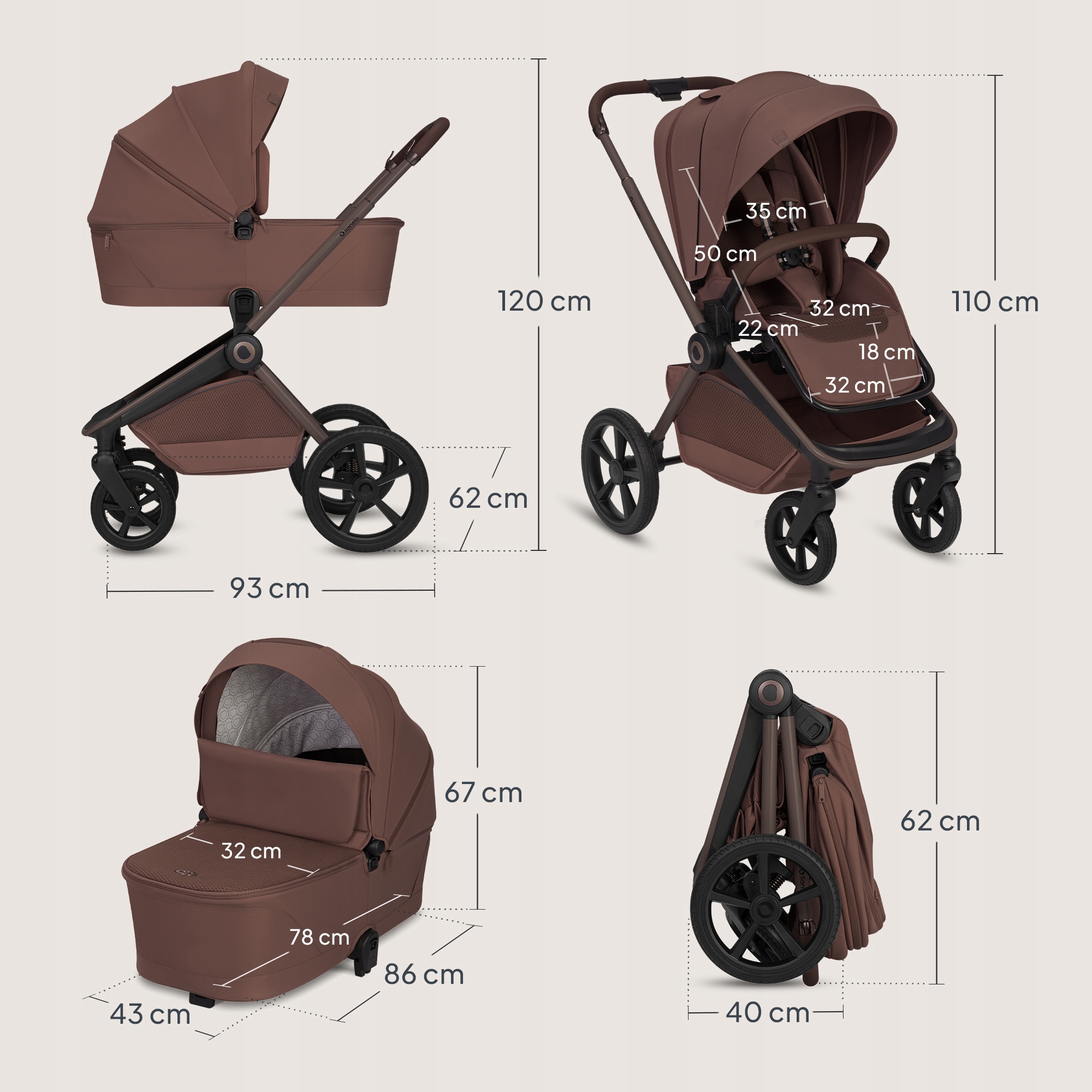 Lionelo Freya Καρότσι Βρεφικό 3 Σε 1 Έως 22Kg Με Αναδιπλούμενο Πορτ-Μπεμπέ Brown Chocolate