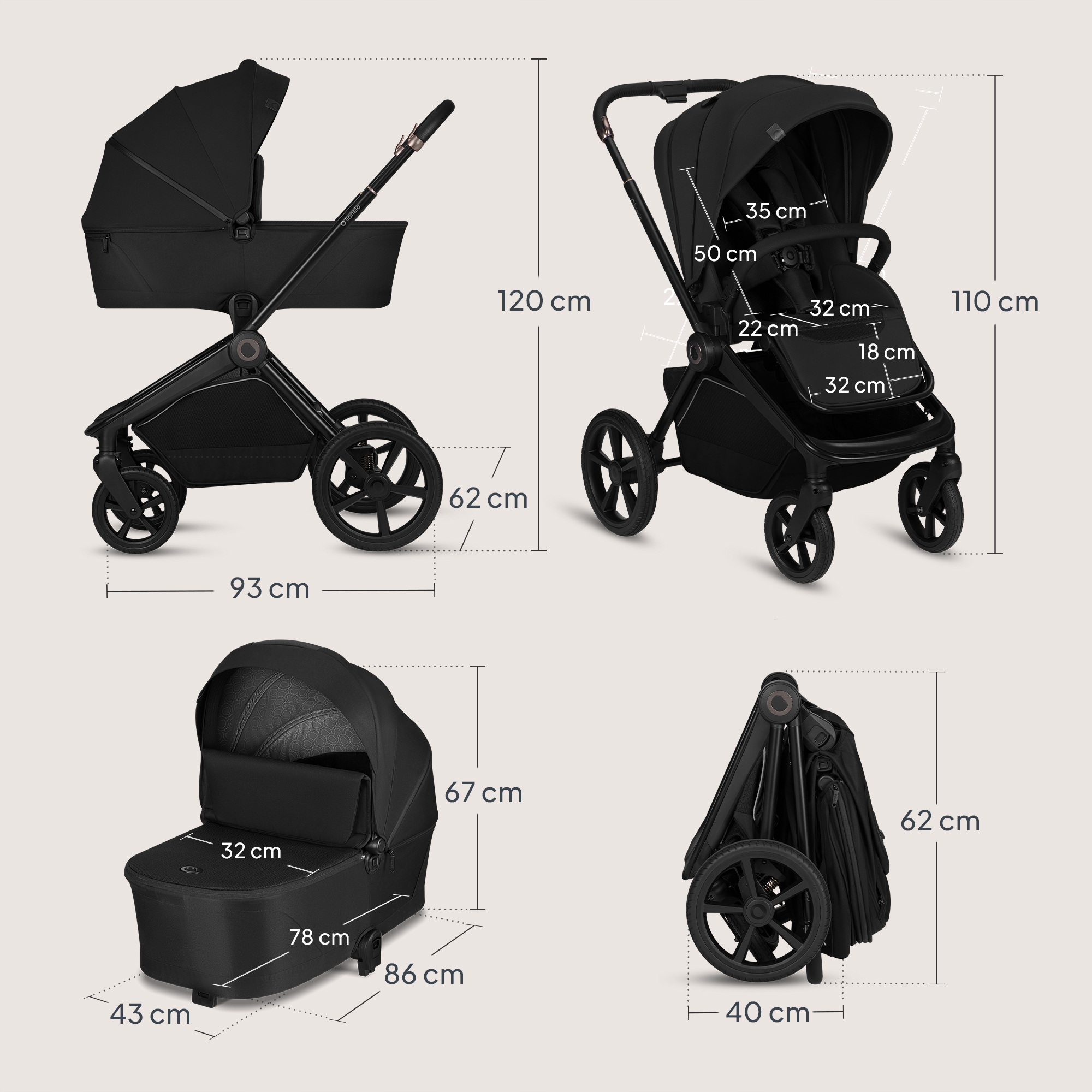 Lionelo Freya Καρότσι Βρεφικό 3 Σε 1 Έως 22Kg Με Αναδιπλούμενο Πορτ-Μπεμπέ Black