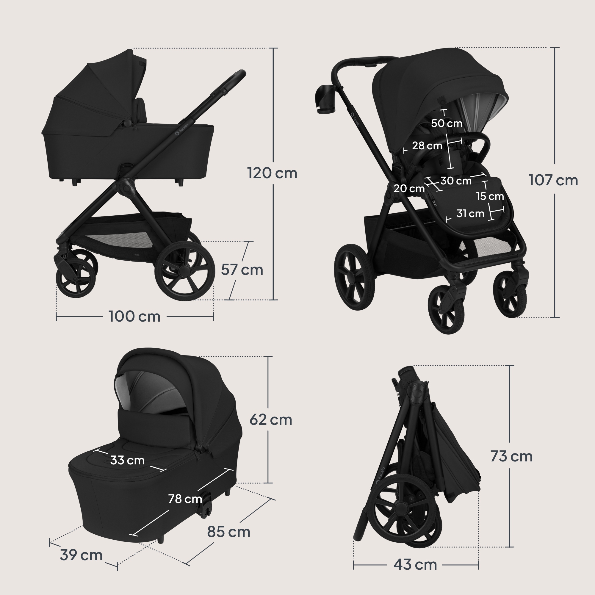Lionelo Carmine Καρότσι Βρεφικό 3 Σε 1 Έως 22Kg Black Onyx