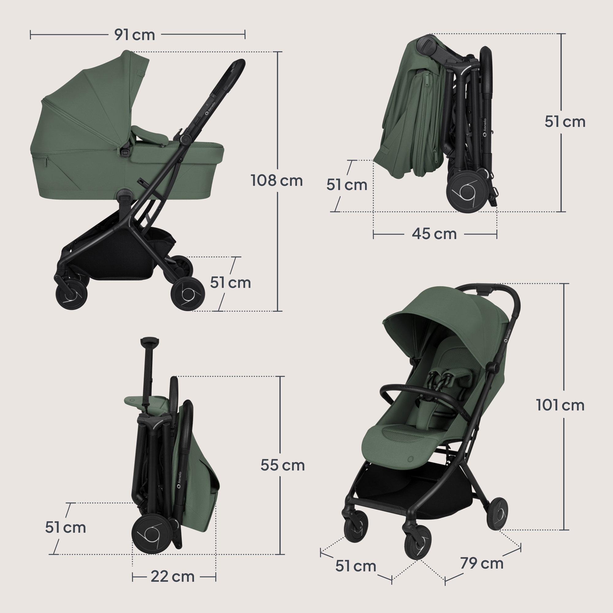 Lionelo Sia Flex Καρότσι Ταξιδίου 2 Σε 1 Έως 22Kg Green Emerald
