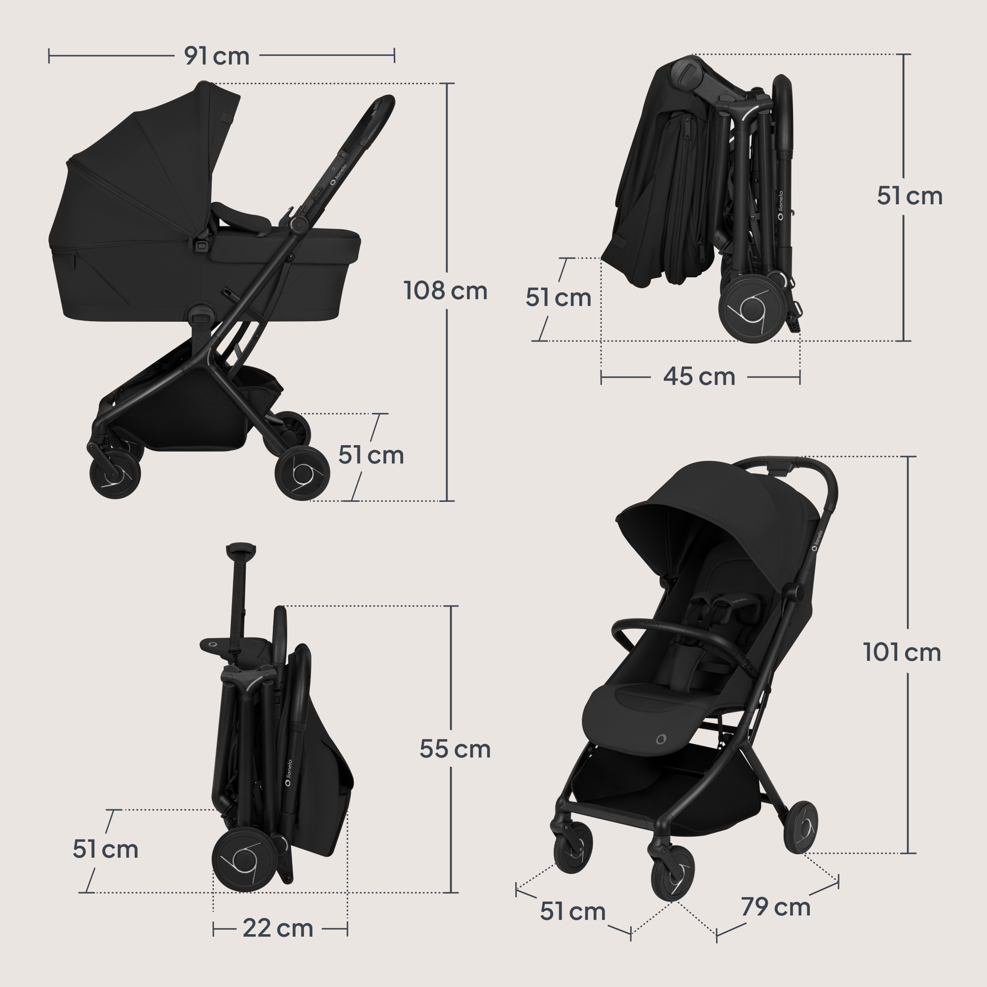 Lionelo Sia Flex Καρότσι Ταξιδίου 2 Σε 1 Έως 22Kg Black Onyx